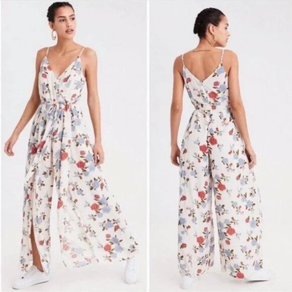 American Eagle Ivory Floral Wide Leg Spaghetti Strap Romper Jumpsuit P4806 - Picture 1 of 9
